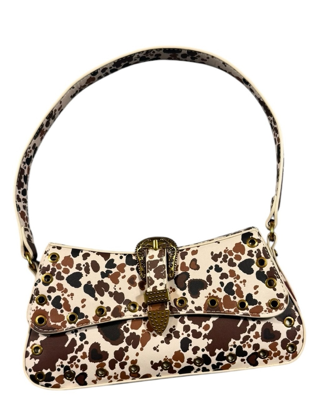 New Betsey Johnson Isla Brown Cow Print Gold Buckle Purse Hand Shoulder Bag